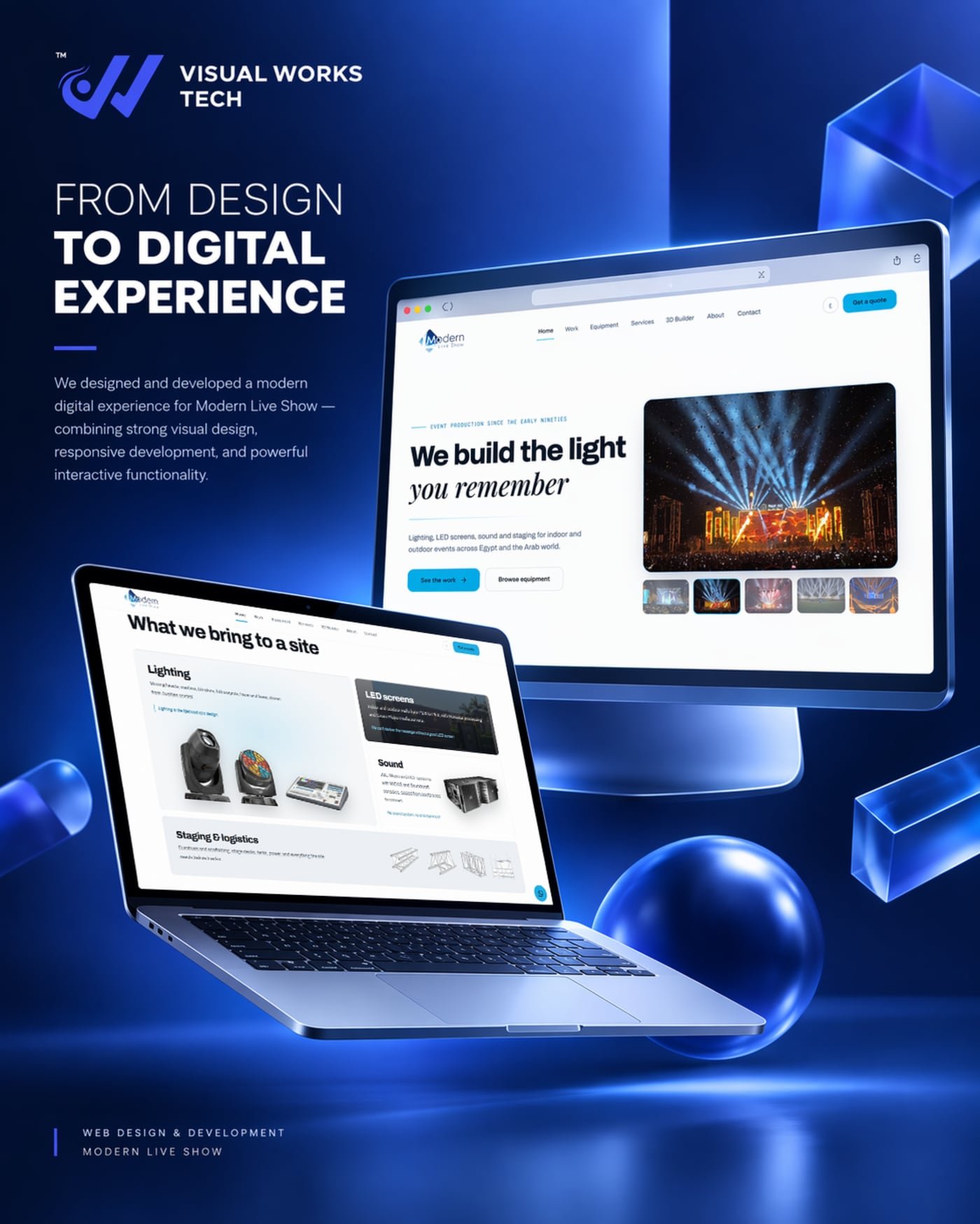 Launch design one: from design to digital experience, showing the Modern Live Show site on a desktop monitor and a laptop