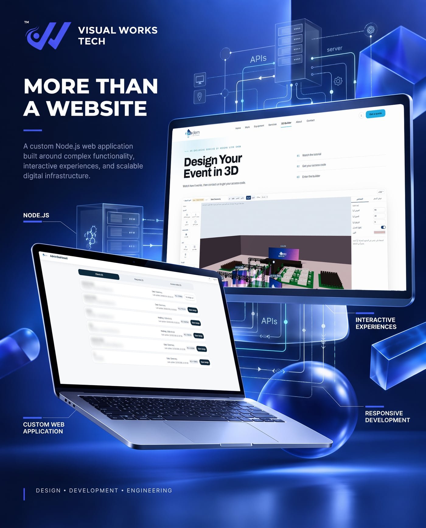 Launch design two: more than a website, showing the Node.js application, the 3D builder page and the admin dashboard